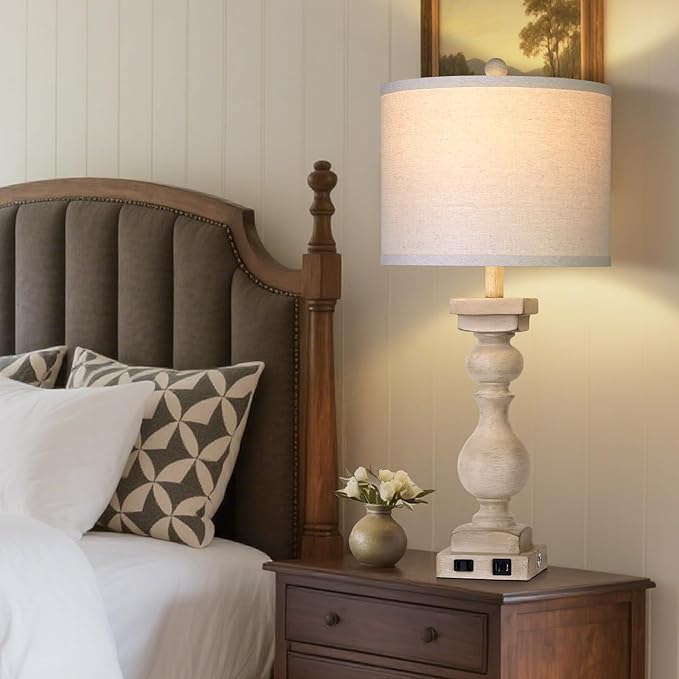 28" Tall Farmhouse Table Lamps Set of 2 with USB C+A Ports and AC Outlet, 3 Way Touch Tall Rustic Bedside Lamps for Living Room, Beige Vintage Lamps for Bedroom