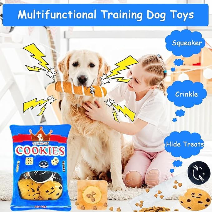 Treat Dispensing Dog Toys, Crinkle Squeaky Interactive Dog Toys, Enrichment Treat Puzzle Pet Toys for Medium, and Large Dogs (Cookie)