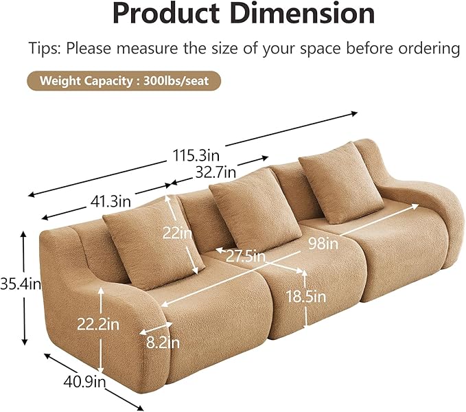 Camel 3-Seater Cloud Couch, Modern Teddy Fabric Boneless Sectional Sofa in a Box for Living Room, Modular Floor Couch, Deep Seat, No Assembly Required, Sofas para Sala