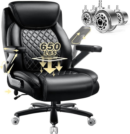 650LBS Big and Tall Office Chair with 5D Flip Arms and Thick Pocket Spring Cushion, Extra Wide Heavy Duty Office Chair with Adjustable Lumbar Support, Large High Back Computer Chair Dual Rubber Wheel