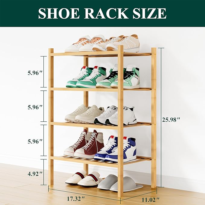 Smiry Shoe Rack, 4 Tier Small Bamboo Shoe Organizer, Stackable Free Standing Wooden Shoe Storage Shelf for Closet, Entryway, Front Door Entrance, Natural