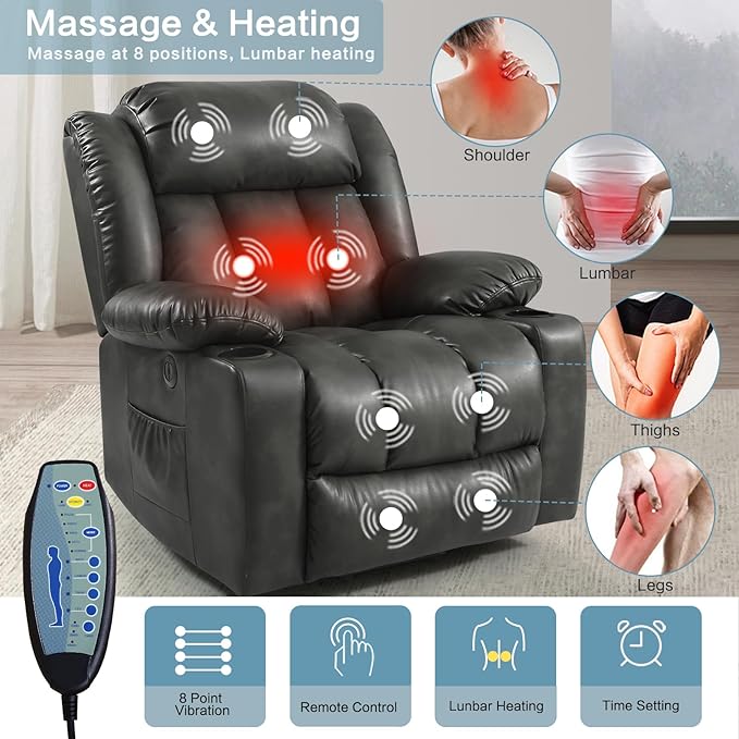 PARKOL Power Lift Recliner Chair for Elderly Breathable Leather Recliner Chair with Massage and Heat for People Limited Mobility (Sliver Gray, Small)