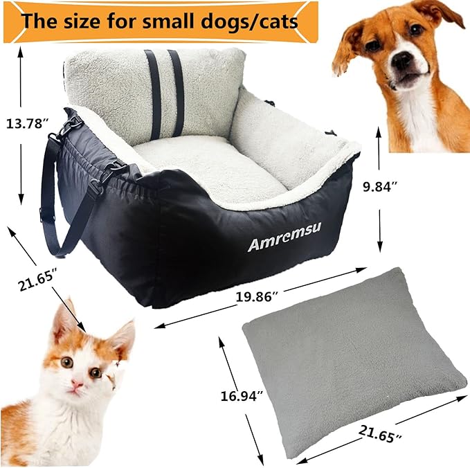 Small Dogs Car Seat,Fully Detachable and Washable Ultra Soft Car Travel Bed, with Clip-on,Two Portable Handle and Storage Pockets Puppy Dog Booster Seats,Portable DogCar Travel Carrier Bed