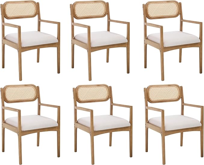 EALSON Rattan Dining Chairs with Arms Set of 6 Mid Century Dining Room Chairs with Wood Legs Linen Upholstered Kitchen Chairs Farmhouse Cane Back Arm Chairs for Living Room, Beige, Light Natural