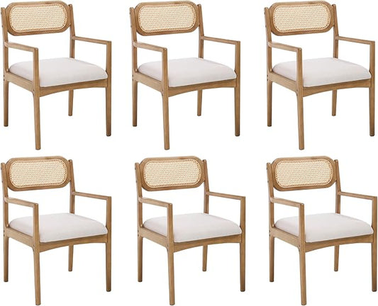 EALSON Rattan Dining Chairs with Arms Set of 6 Mid Century Dining Room Chairs with Wood Legs Linen Upholstered Kitchen Chairs Farmhouse Cane Back Arm Chairs for Living Room, Beige, Light Natural