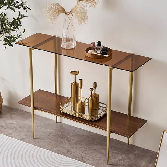 Glass Console Table for Living Room, Foyer & Entrance, 2-Tiers Mid-Century Modern Sofa Table with Amber Glass Top, Walnut Finish Wood Shelf and Gold Finish Frame