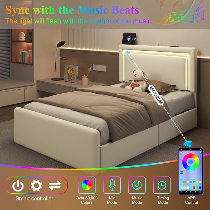 Twin Size Bed Frame with 4 Storage Drawers and LED Lights, Upholstered Platform Bed with Adjustable Headboard and Charging Station, Metal Slats Support, No Box Spring Needed,Easy Assembly, White