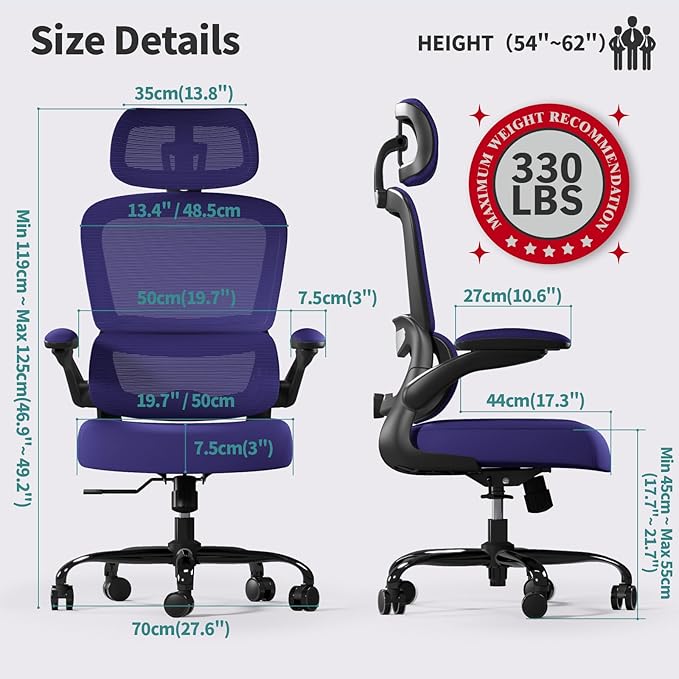 TRALT Office Chair Ergonomic Desk Chair, 330 LBS Home Mesh Office Desk Chairs with Wheels, Comfortable Gaming Chair, High Back Office Chair for Long Hours (Violet)