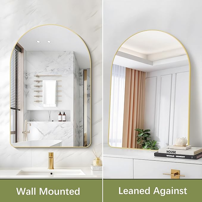 Arched Bathroom Mirror, 24"x36" Gold Arched Mirror for Bathroom, Wall Mounted Mirror, Gold Vanity Wall Mirror w/Metal Frame for Bedroom, Entryway, Living Room, Vertically Hanging