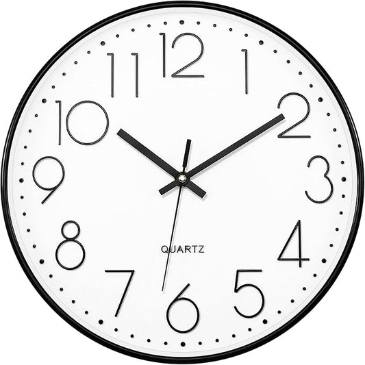 Foxtop Black Wall Clock 12 Inch Silent Non Ticking Quartz Battery Operated Round Clock Easy to Read for Office Classroom School Home Living Room Bedroom Kitchen Decor