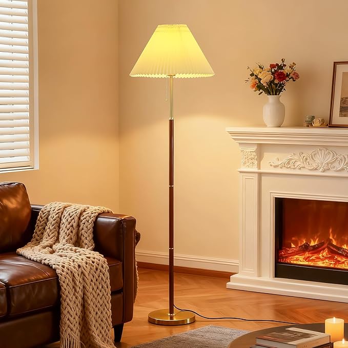 Pleated Lampshade Tall Floor Lamp for Living Room Corner Bedroom Bedside Office, Brown Pole Lamp, Bright 12W Dimming Reading Light, Modern Cute Unique Retro Standing lamp,Farmhouse Vintage Home Decor
