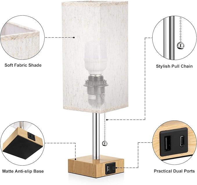 aooshine Wood Grain Bedside Table Lamps Set of 2 - Bedroom Lamps with 3 Color Temperatures (3000K/5000K/4000K), Square Nightstand Lamp with USB C + A Charging Ports