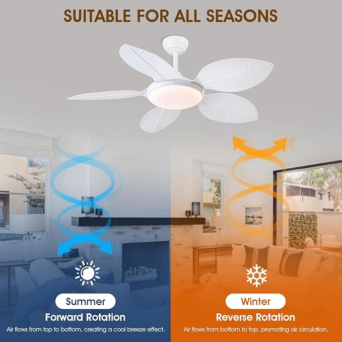 Ceiling Fans with Lights and Remote/APP Control, 48 Inch Tropical Ceiling Fan for Bedroom Living Room, Outdoor Palm Leaf Ceiling Fan for Patios Porch, Dimmable, 6 Speeds, Reversible, White