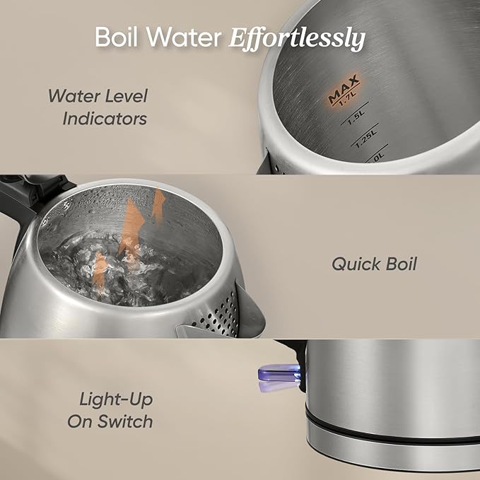 COSORI Electric Kettle, Stainless Steel Tea Kettle, Plastic-free Inner Lid, Filter and Spout, Easy to Clean, Automatic Shut Off & Boil-Dry Protection, Hot Water Boiler & Heater, 1.7L, 1500W