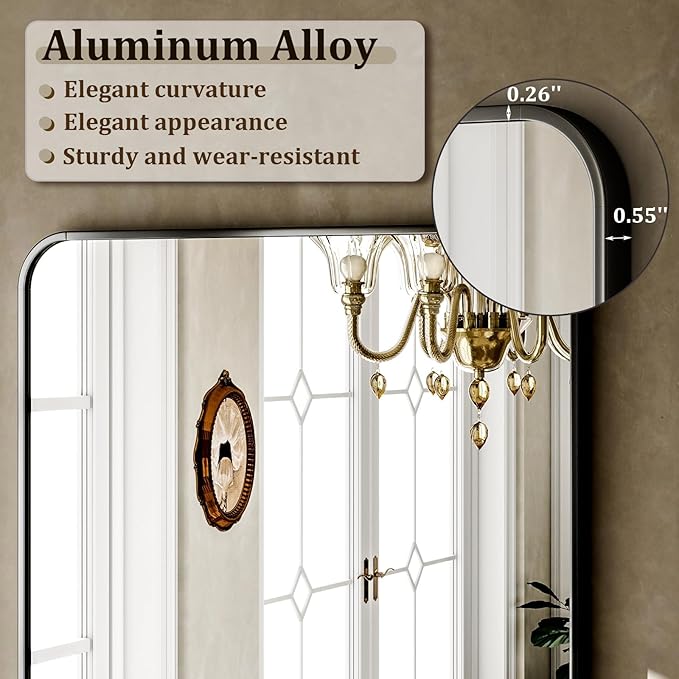 VooBang Round Corner Mirror Full Length, 66" x 23" Floor Mirror with Stand, Matte Aluminum Alloy Frame Full Body Mirror, Standing Hanging or Leaning for Bedroom and Living Room, Black