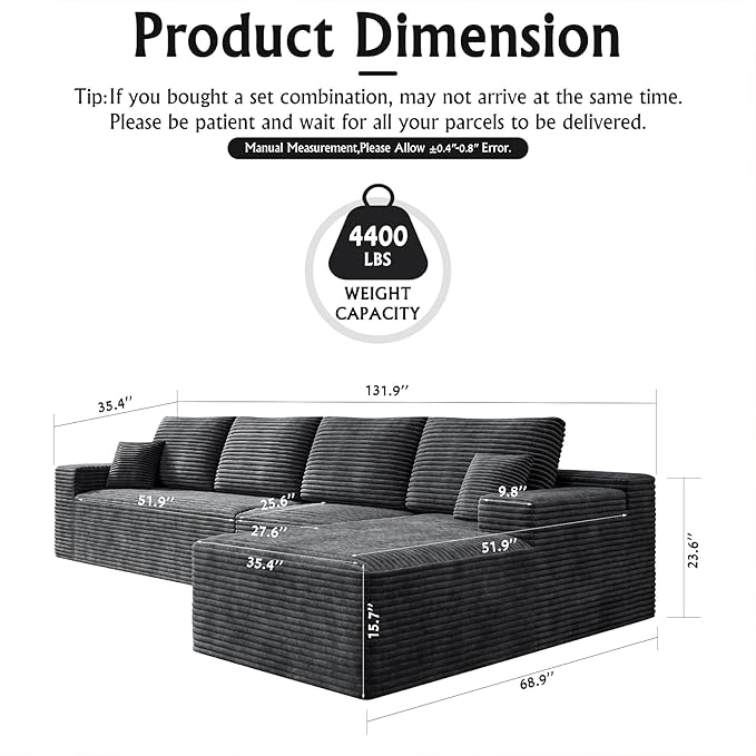 3-Piece Boneless Modular Sectional Sofa, Cloud Couch with Right Facing Chaise, Oversized Deep Seat, Soft Corduroy Fabric, Sectional Couch for Living Room-Grey