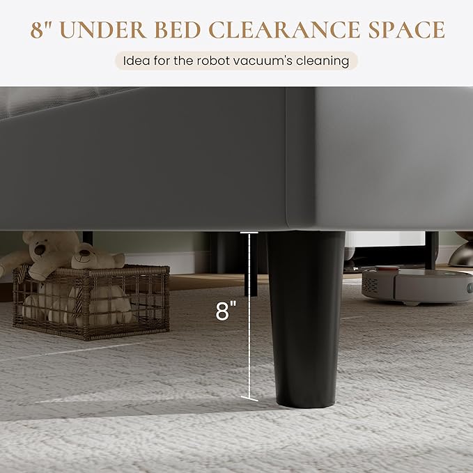 SHA CERLIN King Size Platform Bed Frame with Charging Station, Velvet Wingback Headboard with Storage Shelf, Wooden Slats Support, Ample Under-Bed Space, No Box Spring Needed, Easy Assembly, Grey