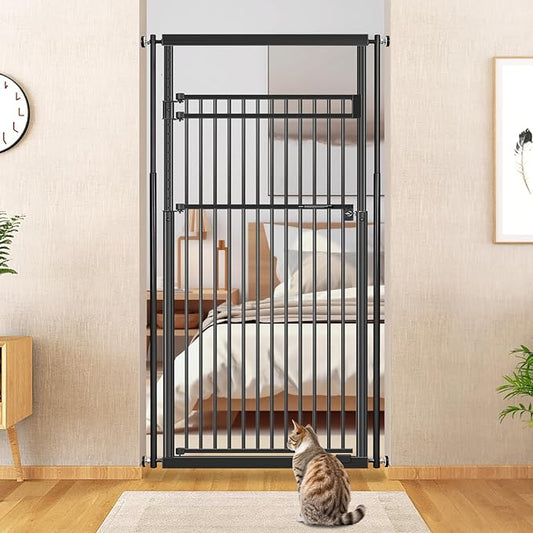 78.8" Extra Tall Cat Gate, 28.3-33" Wide Safety Metal Cat Door, Pressure Mounted Easy Walk Through Pet Gate with Door for Stairs, Doorways (Black)