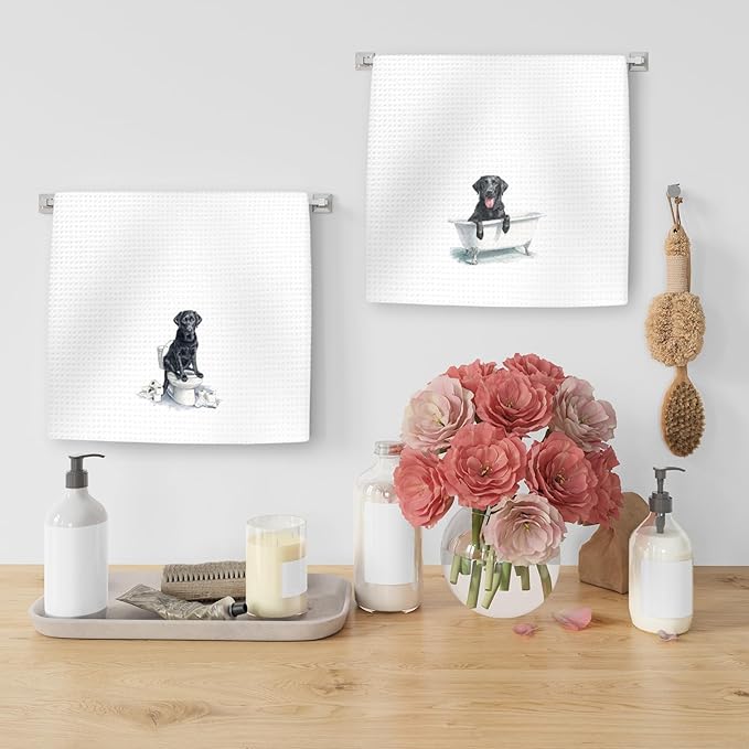 Funny Black Lab Dog Hand Towels Set of 2, Gifts for Labrador Retriever Dog Owners Lovers, Black Labrador Decor for Bathroom, Pet Lovers Gifts Toilet Hand Towels for Bathroom Washroom, 16x24In