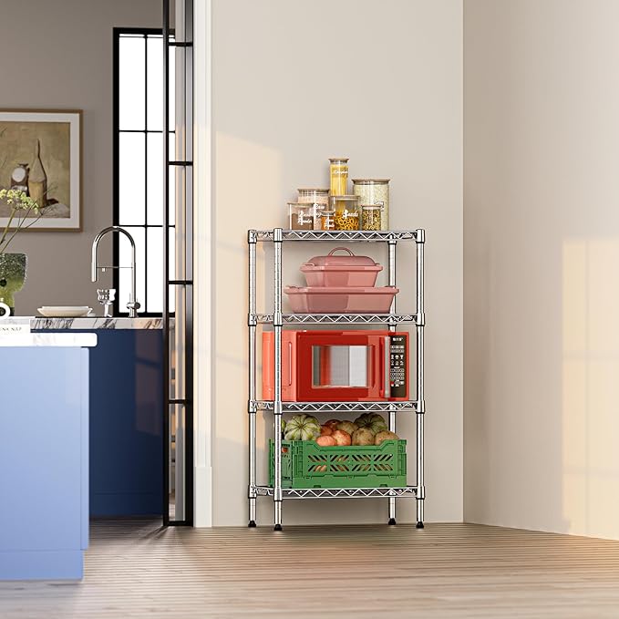 IZEUK 4 Tier Steel Storage Shelves, Heavy Duty Metal Shelf Wire Shelving Rack for Pantry, Kitchen, Living Room, or Office Organization (11.8" D x 21.7" W x 39.5" H, 1000LBS, Chrome)