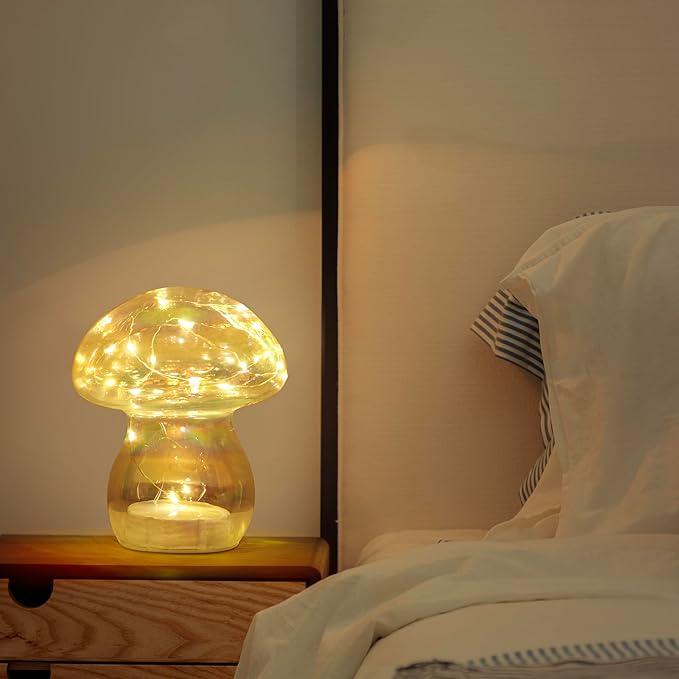 Glass Mushroom Table Lamp, 5.9" Cute LED Night Light for Home Decor, Battery Operated (3 AA), Modern Ambient Light for Living Room Bedroom Office Clear