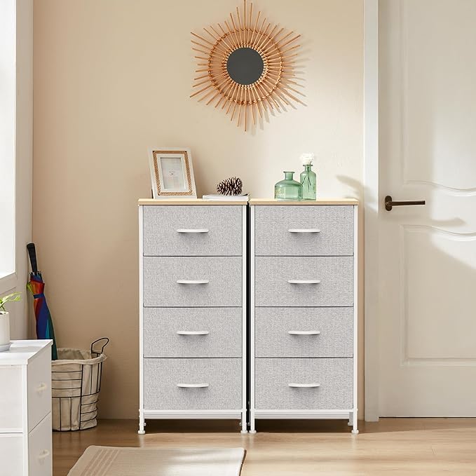 DUMOS Nightstand with 4 Drawers Bedside Table with Removable Fabric Bins Sturdy Steel Frame Wood Top Organizer Furniture for Bedroom Closet Living Room,Light Gray
