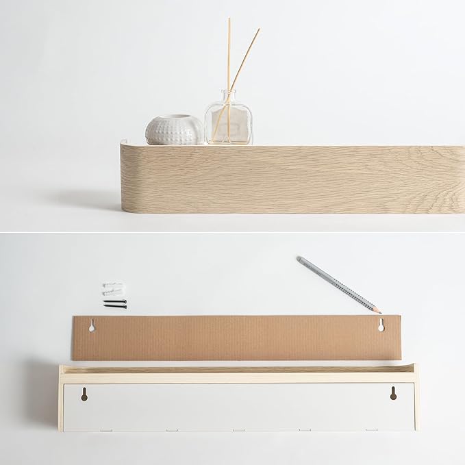 Kazai. Wall-Mounted Coat Rack 'Toke' - Modern Design Coat Rack with Hidden Wall Hooks - Solid Wood Veneer Panel Coat Hanger - Oak, White