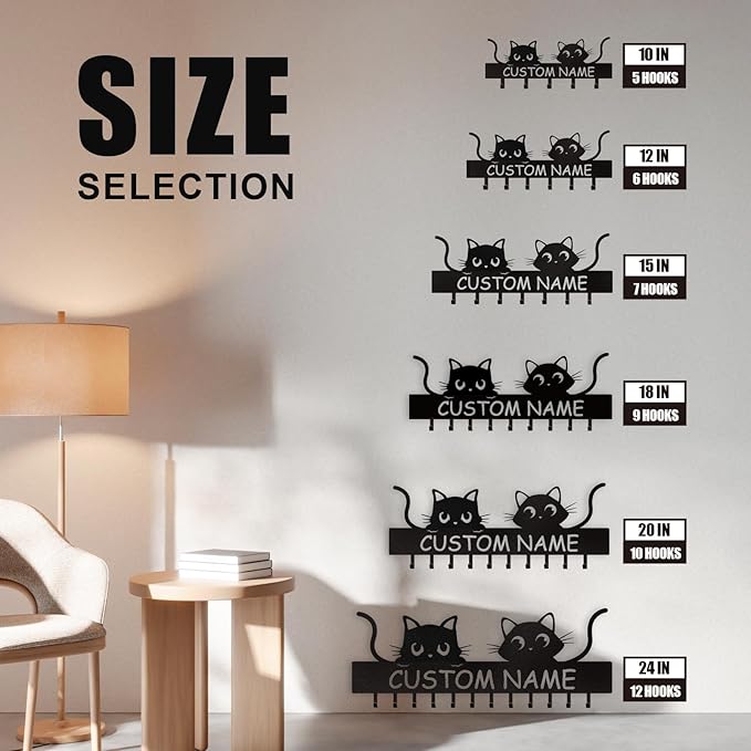 Personalized Metal Key Holder for Wall, Cat Key Holder Wall Mount, Custom Name Cat Coat Key Rack with Hook, Key Hanger Gifts for Cat Lovers, Cute Key Holder Organizer for Entryway Bedroom Decor