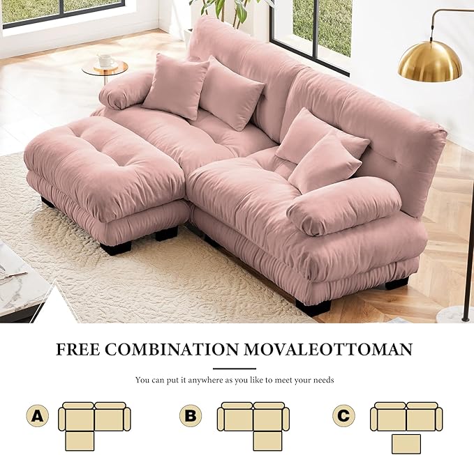 94.4" Loveseat Sofa, 2 Seater Modular Sectional Sofa, Pink Large L Shaped Sectional Fluffy Couch, Chenille Cloud Couch with Ottoman, Deep Seat Sofas for Living Room
