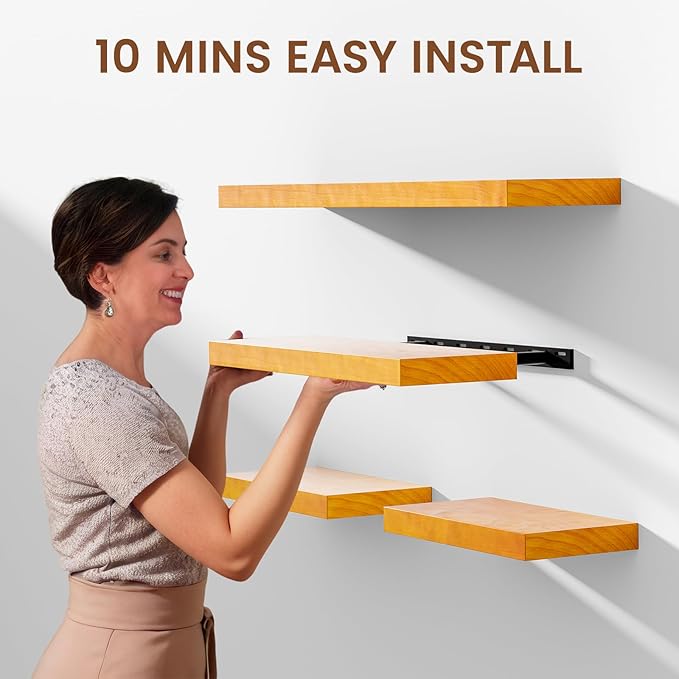 Pine Floating Wall Shelves 24 Inches Long x 8”x 1.4” Wooden Shelf Floating Rustic Farmhouse Decor, Heavy Duty Shelf Hold 60 lbs, Wall Shelves for Bathroom Living Room Kitchen Bedroom Office, Honey Oak