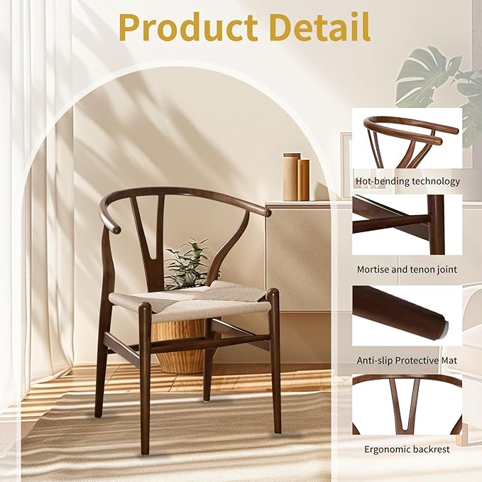 Wishbone Chair Natural Solid Wood Dining Chair/Hans Vegner Y Chair Rattan and Wood Accent Armrest Chairs Set of 4(Ash Wood - Walnut)