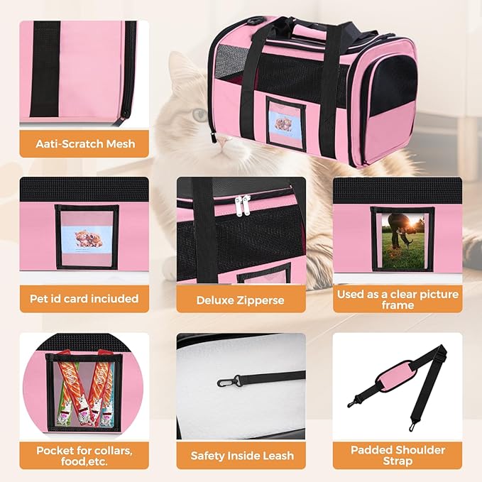 Pet Carrier 17Lx12Wx11H inches, Airline Approved,Pet Travel Carrier Bag for Small Cats and Dogs, Soft Dog Carrier for 1-25 LBS Pets,Dog Cat Carrier with Safety Lock Zipper (Pink)