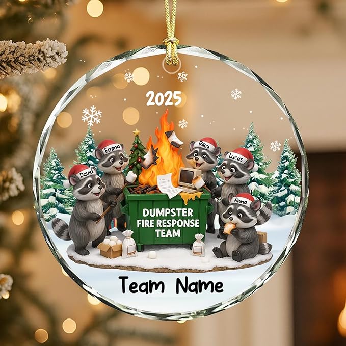 NAZENTI Personalized Funny Raccoon Fire Response Ornament, Custom Burning Dumpster Holiday Decoration, Coworker Christmas Glass Hanging Gift