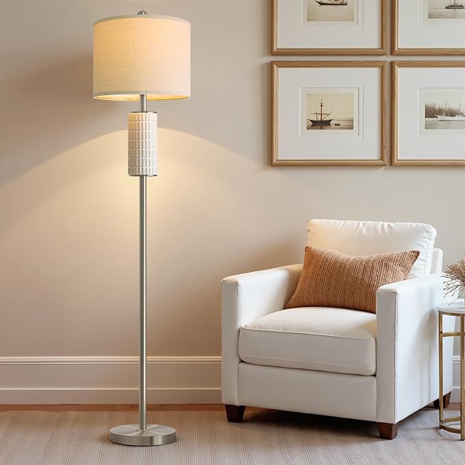 PoKat Silver Ceramic Floor Lamp for Living Room Bedroom, 64" Modern Tall Standing Lamp with Rotary Switch, Traditional Living Room Lamp for Corner, Home Office, Nursery