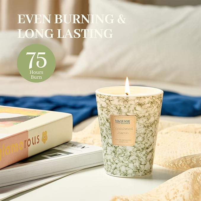 M&SENSE Sandalwood Jasmin Scented Soy Candle, 3 Wick Highly Scented 14.1 Oz 80H, Aromatherapy Christmas Gift for Women and Men