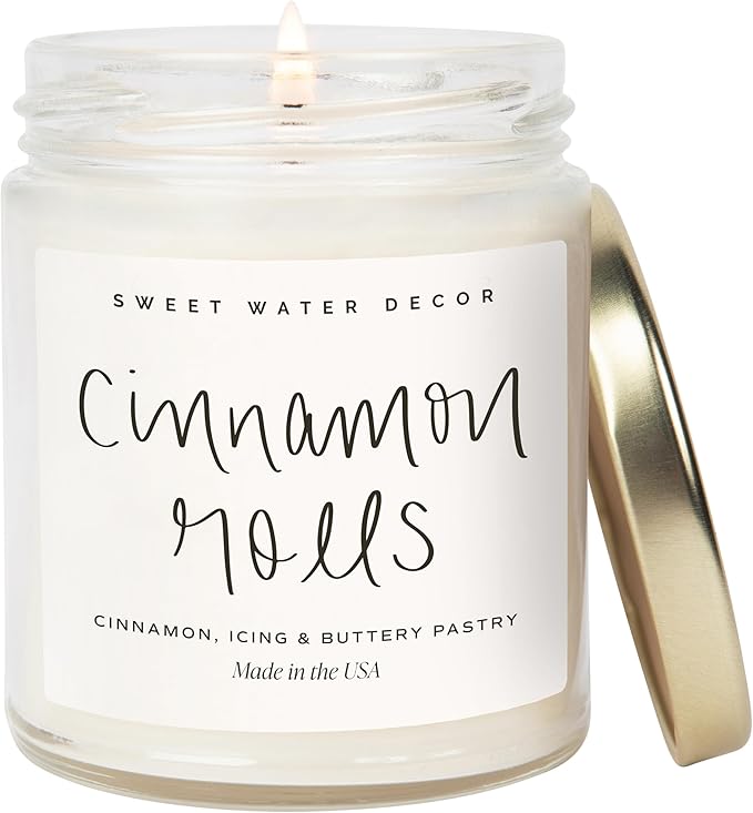 Sweet Water Decor Cinnamon Roll Candle - Fall Scented with Cinnamon, Icing and Buttery Pastry for Home - Soy Candle with 40 Hours Burn Time - 9Oz Gold Lid Clear Jar Autumn Scents