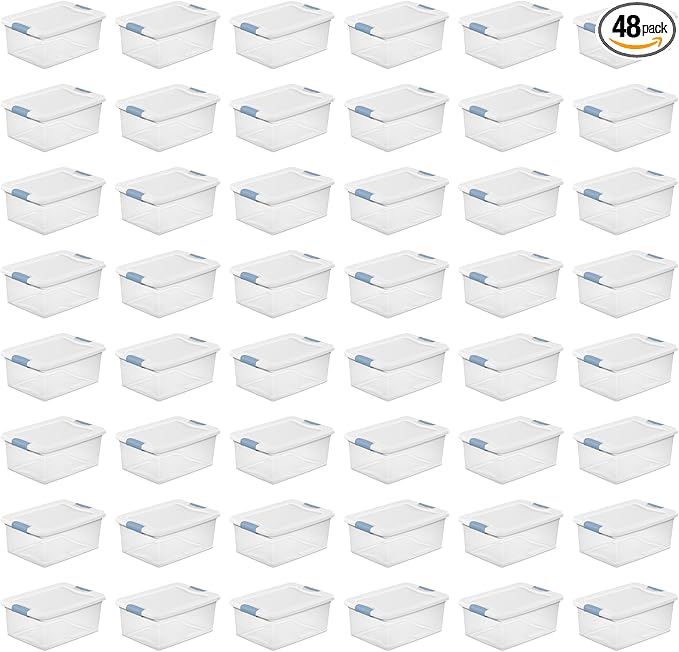 Sterilite 48-Pack Latching Box, Under Bed Storage Bins with Lids, Clear Plastic, 15 Quart - Heavy-Duty Organizing Containers for Closet, Bathroom, and Office