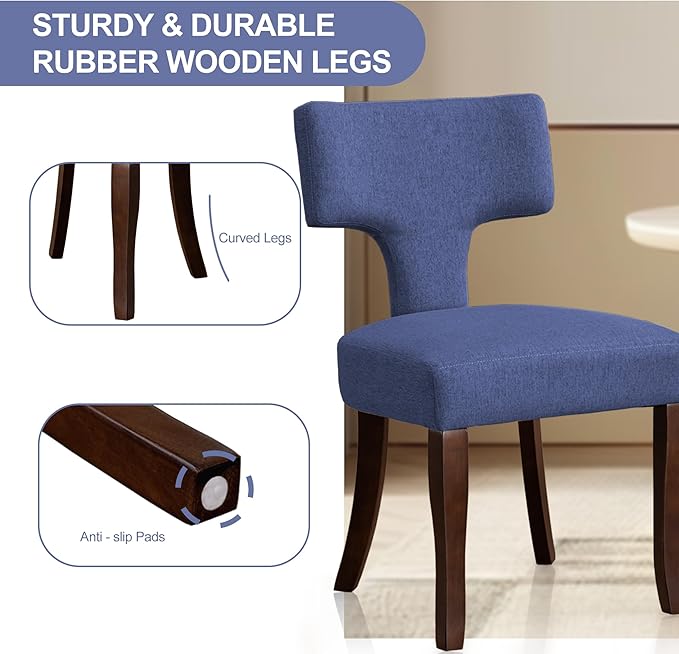 Mid Century Modern Dining Chairs Set of 2, Upholstered Side Dining Chairs with Curved Back Linen Fabric Armless Wood Chairs Kitchen & Dining Room Farmhouse Chairs (Blue)