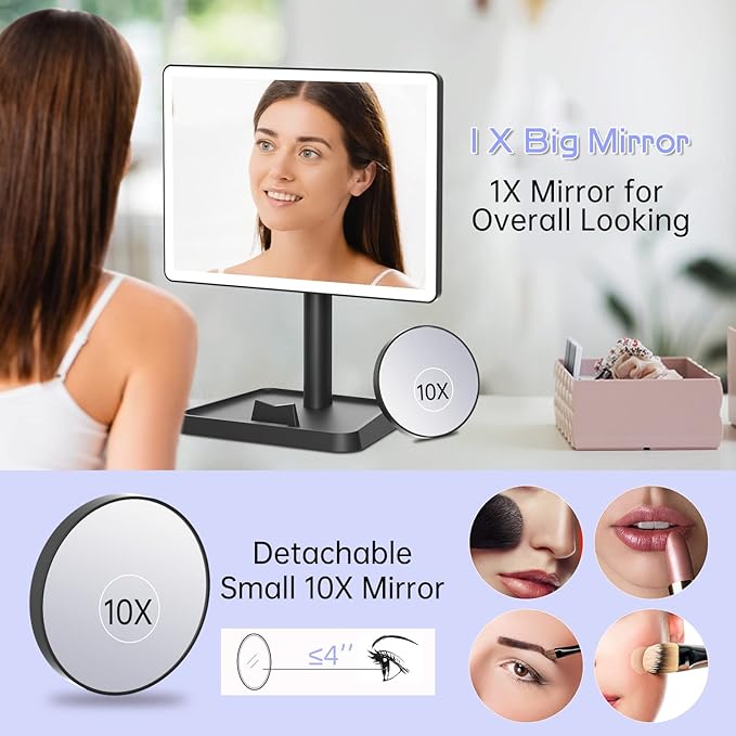 FUNTOUCH Rechargeable Makeup Vanity Mirror with Lights, Large Lighted Desk Makeup Mirror with 96 LED Lights and 10x Magnifying, 3 Color Lighting, Make up Light Mirror with Phone Holder,Black