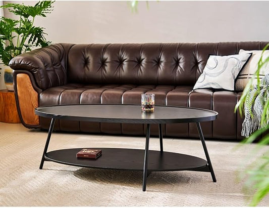 AGV Oval Coffee Table with Shelf Storage, 2-Tier Black Wood Finish Center Table for Living Room, Modern Asymmetrical Metal Legs, Raised Edge Sofa Table