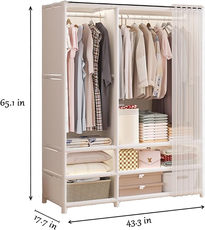 Portable Closet,Portable Closets for Hanging Clothes,Japanese Style Garment Rack with 2 Hanging Rods,6 Storage Shelves,43.3" L x 17.7" W x 65.1" H,White
