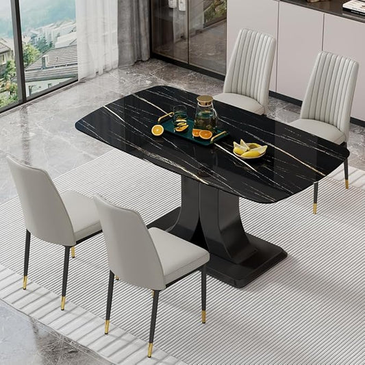 Modern Marble Dining Table Set for 4 - Rectangular Kitchen Table With PU Leather Upholstered Chairs for Dining Room (Light Grey-C, Black)