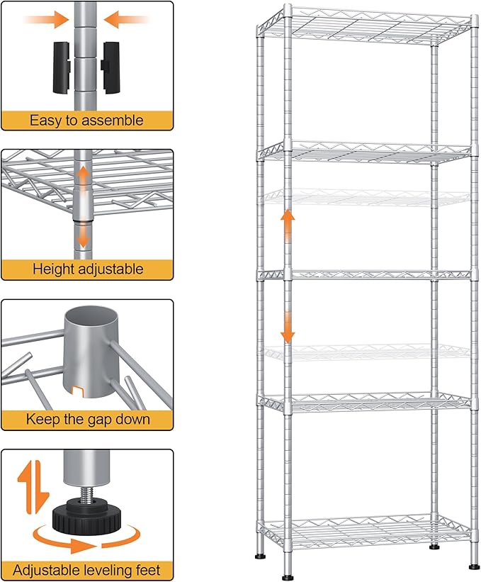 HOMEFORT 5-Shelving Unit, Adjustable Wire Shelving, Metal Wire Shelf Rack Organizer for Kitchen, Pantry, Closet, Bathroom, Laundry,Sliver,21" W x 11" D x 53" H