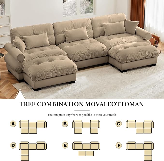 130" Oversized Couch, 3 Seater Modular Sectional Sofa, Camel Large U Shaped Sectional Couches for Living Room, Fluffy Couch Set, 3 Seater, Velvet Cloud Couch with Ottoman, Sofas for Living Room