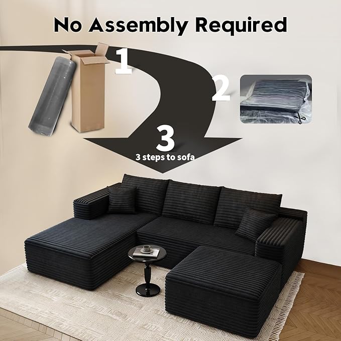 107.5" Cloud Modular Sectional Sofa with 1 Ottoman,Modern Minimalist Upholstered Couches, Comfort U Shaped Sofa for Living Room,Deep Seat Corner Couch，No Assembly Required (Black,Left Facing Chaise)