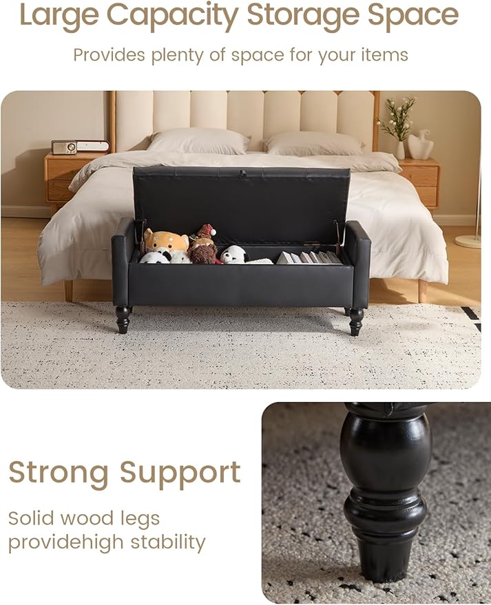 47" Storage Ottoman Bench, End of Bed Bench for Bedroom, Leather Upholstered Ottoman with Storage for Living Room, Entryway, Window (Black)