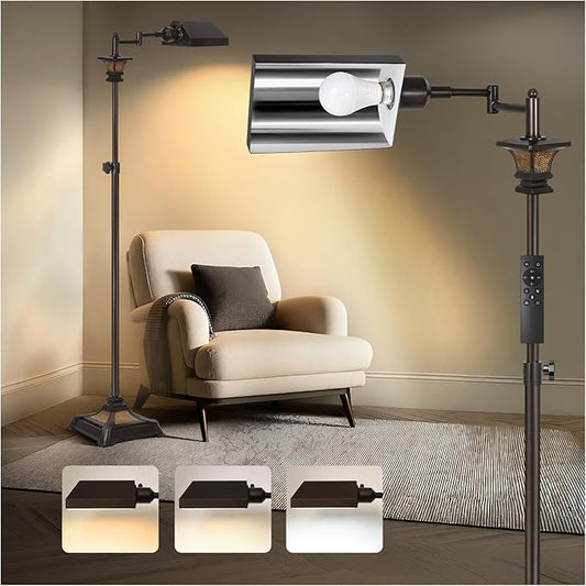 Scenekoy Adjustable Height Smart LED Floor Lamp for Living Room Bedroom, Remote Control Traditional 350º Swing Arm Standing Lamp with Swivel Metal Shade, Decor for Reading House Home Office