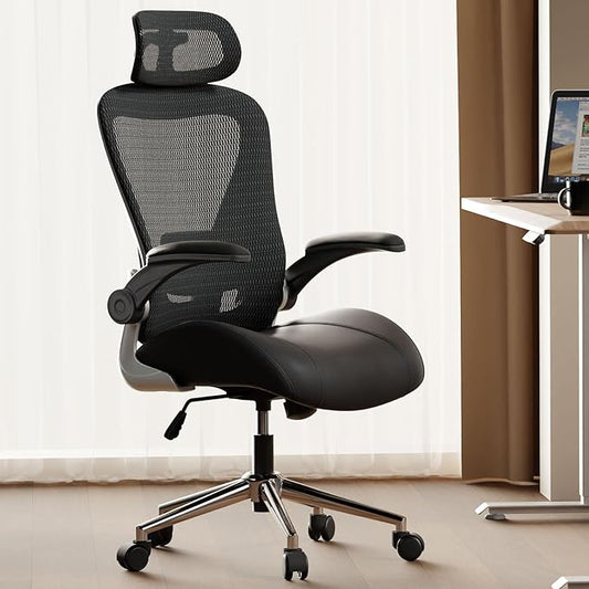 Black Ergonomic Home Office Desk Chair, Premium Thickened Leather Curved seat with Breathable mesh Back, 3D headrest and Adjustable Lumbar Support, Ideal Chair for Office or Gaming, Black