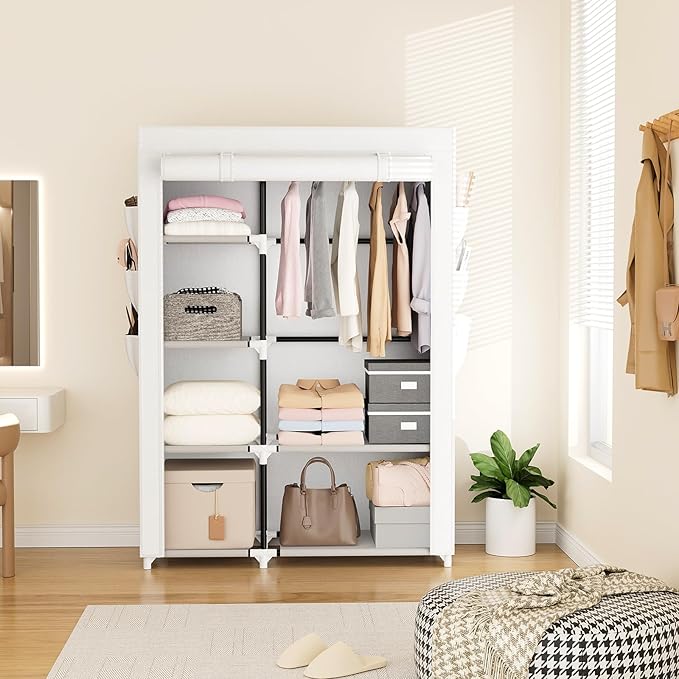 VTRIN Wardrobe Closet, 41.7 Inch Wide Portable Closets for Hanging Clothes with 1 Hanging Rod, 6 Shelves, 6 Pockets, Clothes Rack with Cover Portable Wardrobe Closet for Bedroom, Dorm, White