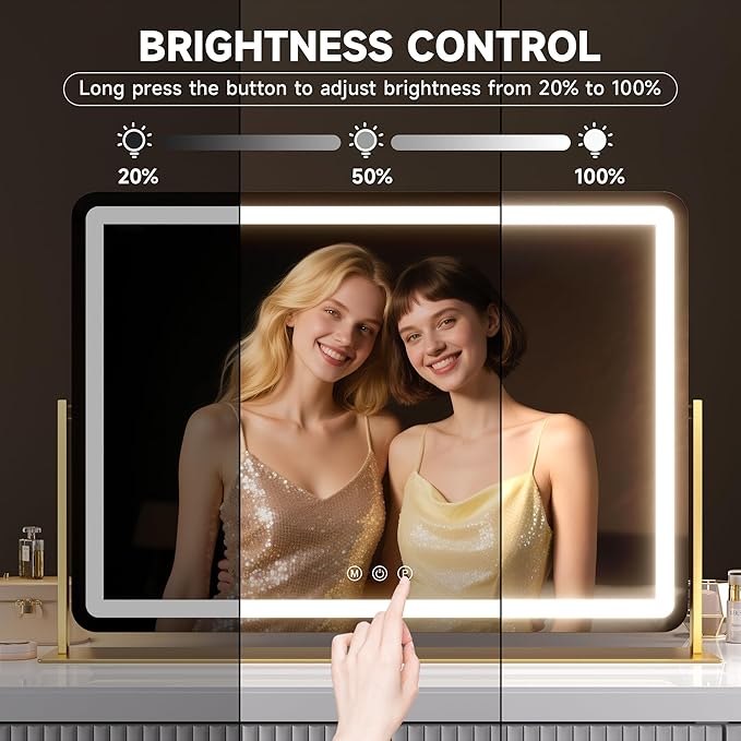 Hasipu Vanity Mirror with Lights, 25" x 21" LED Makeup Mirror, Light up Mirror with 10X Magnification and Phone Holder, USB Charging Port, Smart Touch 3 Colors Dimmable, 360° Rotation (Gold)